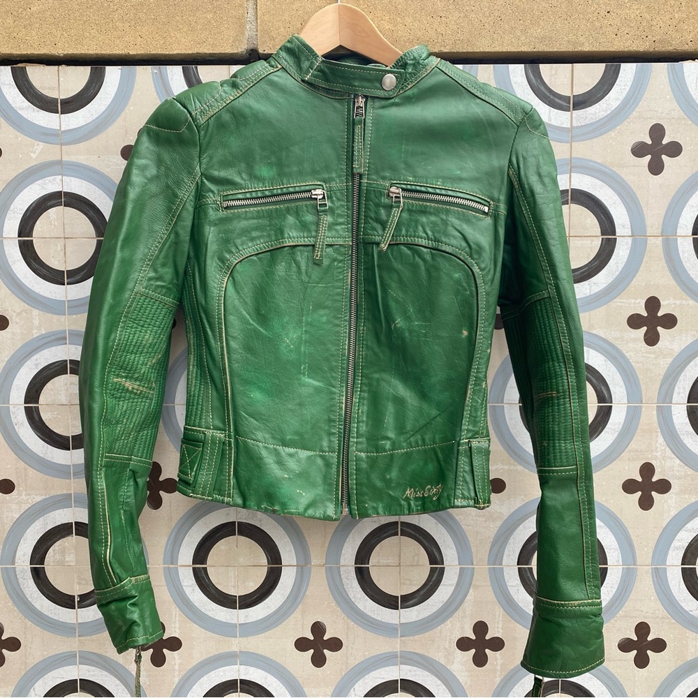 Vintage Miss Sixty Made in Italy Green Leather Motorcycle Jacket